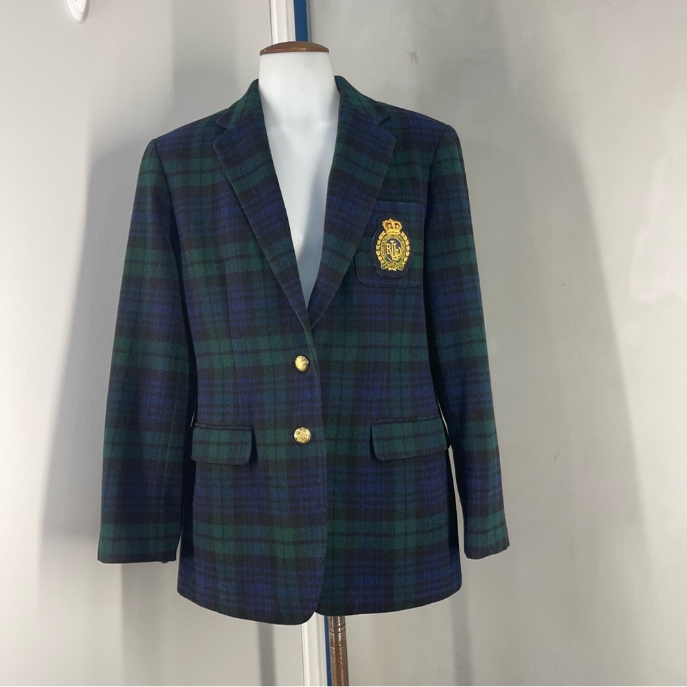 Lauren Ralph Lauren Wool Cashmere Tartan Blazer Green Navy Size 10 Petite - Picture 3 of 17
